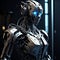 humanoid robot in dark room with blue lights on background. generative ai