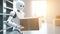 humanoid robot delivering a box to a house. future concept