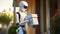 humanoid robot delivering a box to a house. future concept