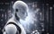 Humanoid robot face close-up futuristic modern tech chatbot assistance big data background, artificial intelligence, generative AI