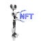 A humanoid robot holds the word NFT in its hand on a white background. Non fungible token . Creative conceptual illustration. 3D r