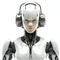 Humanoid robot listening to music with headphones on white background