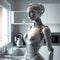 Humanoid robot maid serving in kitchen, robotic assistant android housekeeper helping in domestic chores. Robot cleaner, future