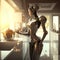 Humanoid robot maid serving in kitchen, robotic assistant android housekeeper helping in domestic chores. Robot cleaner, future