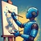 Humanoid robot painting a picture with a brush on canvas