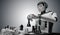 Humanoid robot is playing chess. Artificial intelligence concept. 3D rendered illustration.