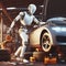 A humanoid robot repairs a car in an auto repair shop