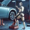 A humanoid robot repairs a car in an auto repair shop