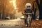 Humanoid robot rides a bicycle along the autumn alley