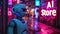 Humanoid robot stand on city street against AI Store at night, dark cyberpunk alley with purple light of neon signs. Concept of