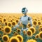 A humanoid robot stands in a field with sunflowers.