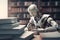 Humanoid robot studying in a library. Generative AI.