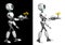 A humanoid robot waiter carries a tray of food and drinks. Isolated on black and white background.Future concept with robotics and