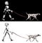 A humanoid robot walks a Dalmatian breed dog with a leash.  Isolated on black and white background. Future concept with robotics