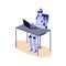 Humanoid robot working on laptop - purple cyborg sitting behind office desk