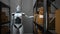 Humanoid robot works in a shipping warehouse