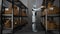 Humanoid robot works in a shipping warehouse