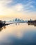 Humber Bay Shores Park skyline reflecting in Lake Ontario and the Ontario Place West Channel at sunset