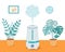 Humidifier with home plants on the table in the room. Ultrasonic device, air aromatization. Vector illustration in