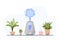 Humidifier with house plants. Equipment for home or office. Ultrasonic air purifier in the interior. Cleaning and