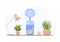 Humidifier with house plants. Equipment for home or office. Ultrasonic air purifier in the interior. Cleaning and