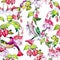 Hummingbird birds and fuchsia flowers seamless pattern. Repeat ornament of tropical flora. Print blossom design of