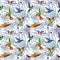 Hummingbird birds seamless pattern on palm leaves background,