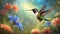 Hummingbird. Flight of a hummingbird over a flower. Fantastic tropics. Selective focus. AI generated