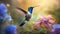 Hummingbird. Flight of a hummingbird over a flower. Selective focus. AI generated