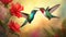 Hummingbird. Flight of a hummingbird over a red flower. Fantastic tropics. Selective focus. AI generated