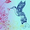 Hummingbird and flower silhouettes, hand drawn flying bird