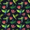 Hummingbird and flowers lily. Seamless pattern hand painting watercolor. Background with flying birds