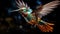 Hummingbird flying, vibrant colors, nature beauty in small creature generated by AI