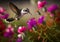 A hummingbird flying and visiting the pink flower to drink and feed, generative AI