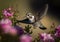 A hummingbird flying and visiting the pink flower to drink and feed in morning, generative AI