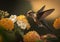 A hummingbird flying and visiting the yellow flower to drink and feed in morning, generative AI