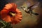 a hummingbird hovering near a vivid hibiscus bloom