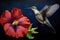 a hummingbird hovering near a vivid hibiscus bloom