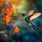 Hummingbird Long-tailed Sylph with long blue tail feeding nectar from orange flower