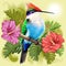 Hummingbird resting and Hibiscuses Watercolor Style Vector illustration