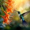 Hummingbird Sylph with long blue tail feeding nectar from orange flower