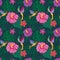Hummingbirds fluttering over exotic flowers. Colibri. Tropical print.