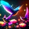 Hummingbirds flying in the night sky with flowers. 3d rendering Generative AI