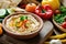 Hummus dip with colorful bell pepper strips and parsley