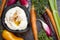 Hummus Dip with Raw Vegetables. Overhead View.