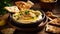 Hummus and flatbreads on the table. Selective focus.