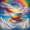 Humongous teacup and saucer floating in the sky, surrounded by clouds and rainbows