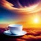humongous teacup and sauser floating in the sky, surrounded by clouds, abstract, surreal, dreamlike