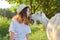 Humor, white home farm goat kissing teenager girl