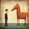 Humorous Cartoon Figure Admiring Elegant Horse In Minimalistic Style